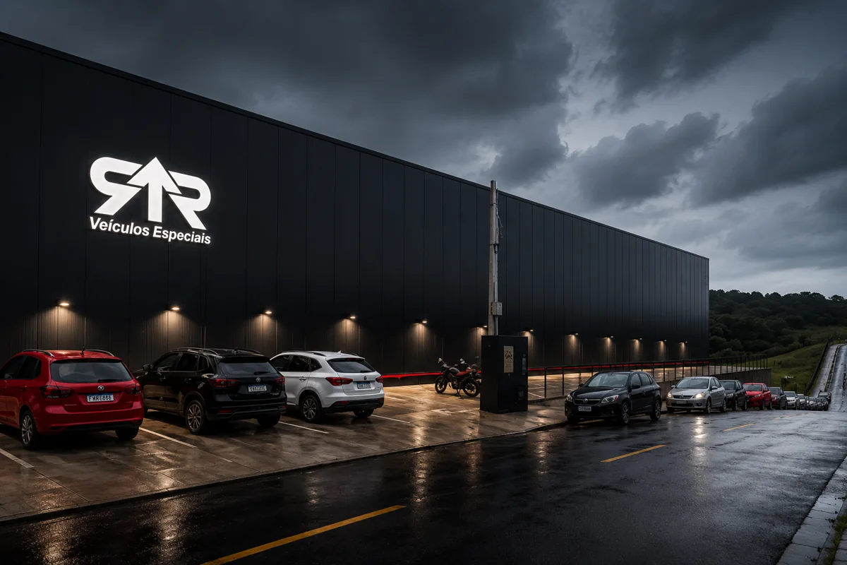 Sede da R&R Veículos Especiais, fachada com o logotipo iluminado